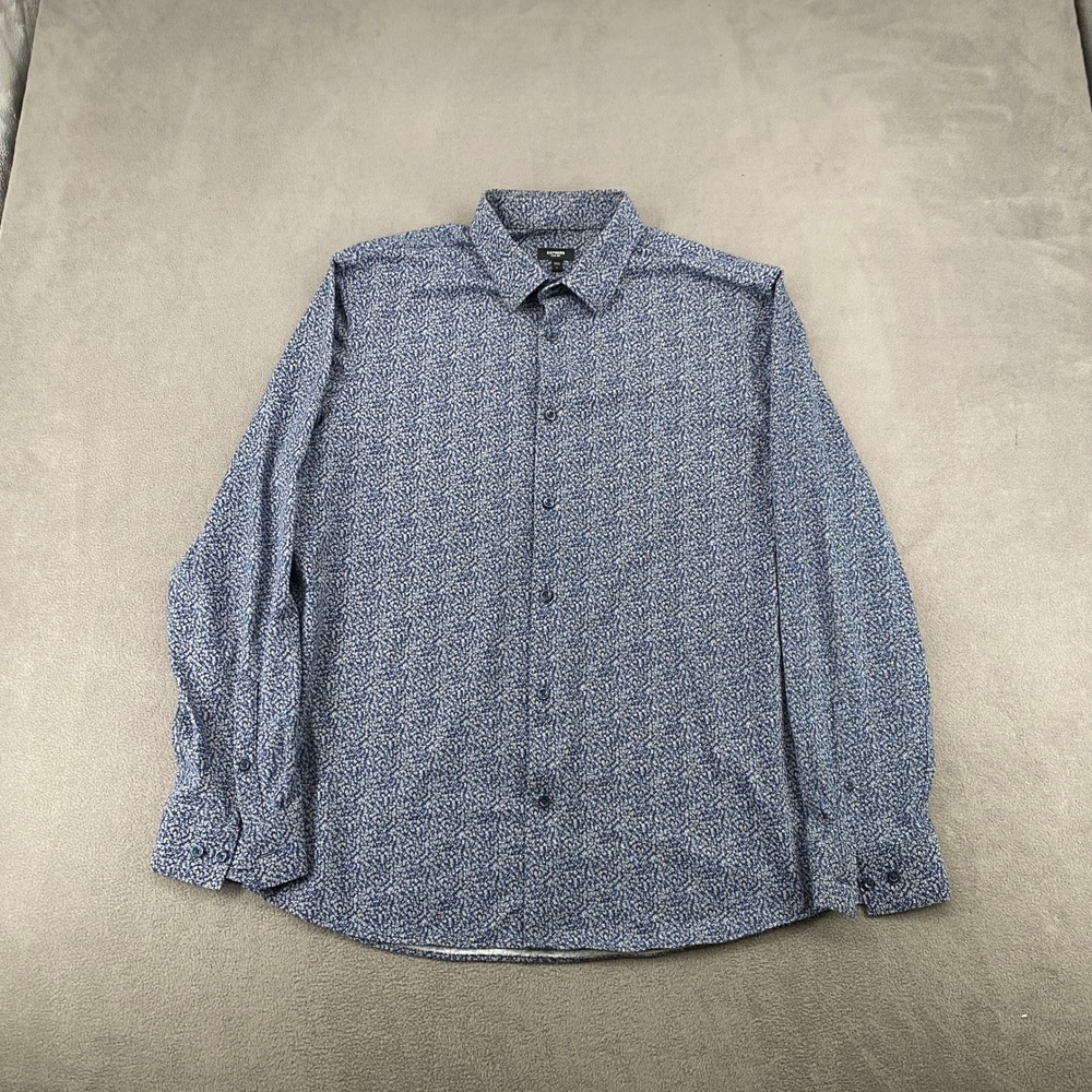 Express Slim 1MX Mens Large Blue White Micro Print Long Sleeve Button Down Shirt